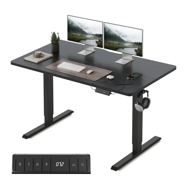 FEZIBO Bureau Électrique Réglable en Hauteur avec Ports de Charge USB-A et USB-C, 120 x 60 cm, Bureau Assis Debout, Ergonomique pour Télétravail, Noir