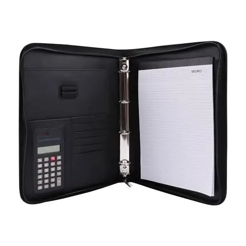 Genie 10742 Porte-documents A4 avec classeur et calculatrice intégrés, plastique résistant aspect cuir avec fermeture Éclair, bloc-notes A4 et porte-stylo Noir