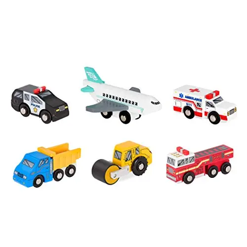 Battat - Véhicules en Bois - Ensemble 2 - Voitures Miniatures - Minis en Bois 6 pièces - Véhicules de Sauvetage et de Construction Classiques - Rouleau compresseur, Camion-Benne - 3 Ans et +