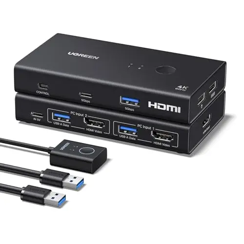 UGREEN Switch KVM HDMI 2 Entrées 1 Sorties 4K 60Hz Double Affichage Commutateur KVM USB 3A +1C 3.0 5Gbps pour Clavier Souris Disque Dur Contrôleur de Bureau Câbles USB Inclus