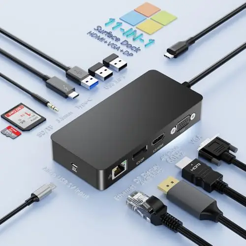 Nouvelle Microsoft Surface Thunderbolt 4 Dock,11en1 Stations d'accueil Surface Triple écrans Hub avec 4K HDMI+DP+VGA pour Surface Pro 11/10/9/8/X/7+/7,Laptop 7/6/5/4/3,Laptop Studio 2/1,Go 3/2/1