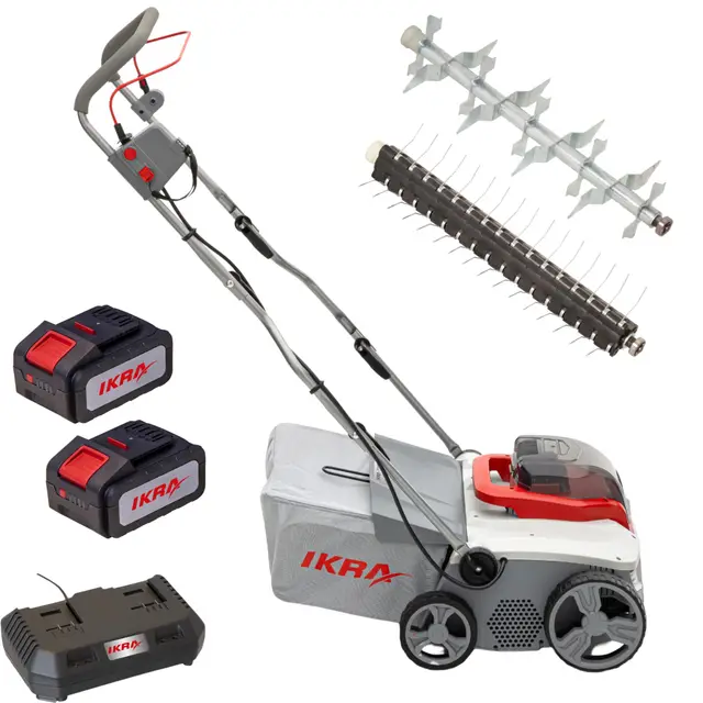 IKRA scarificateur aérateur sans fil 3 en 1 IAVL 2-2040, bac de ramassage 40 l, largeur de travail 40 cm, avec 2 batteries 20 V 4,0 Ah et chargeur rapide