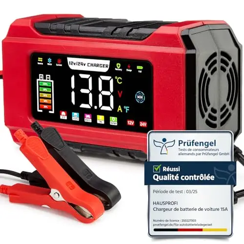 HAUSPROFI Chargeur Batterie Voiture & Moto 15A/8A 12V/24V – Mantenitore de Charge Intelligent & Réparateur Désulfatateur – Écran Tactile, Compatible AGM, Gel, LiFePO4, Start-Stop, Plomb