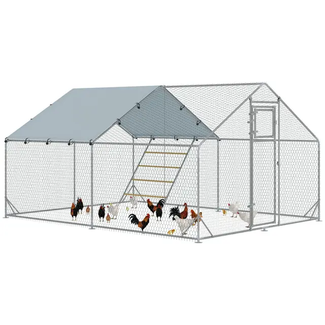 PawHut Enclos poulailler extérieur 12 m², Parc grillagé avec perchoir et mangeoire - Acier galvanisé Ø25mm - volière Double Porte et bâche Oxford 420D Anti-UV pour 12-18 Poules, 300x400x195cm, Argent