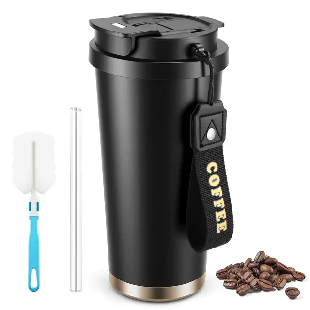 Mug isotherme etanche 530 ml, tasse isotherme pour cafe en acier inox 316/304, gobelet isotherme type tasse thermos cafe avec couvercle et paille