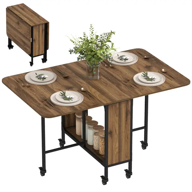 HOMCOM Table à Manger Pliante sur roulettes, Table de Cuisine pour 6 Personnes avec 2 abattants et étagère intégrée, pour Petits espaces, Salle à Manger, 130 x 80 x 74 cm, Marron