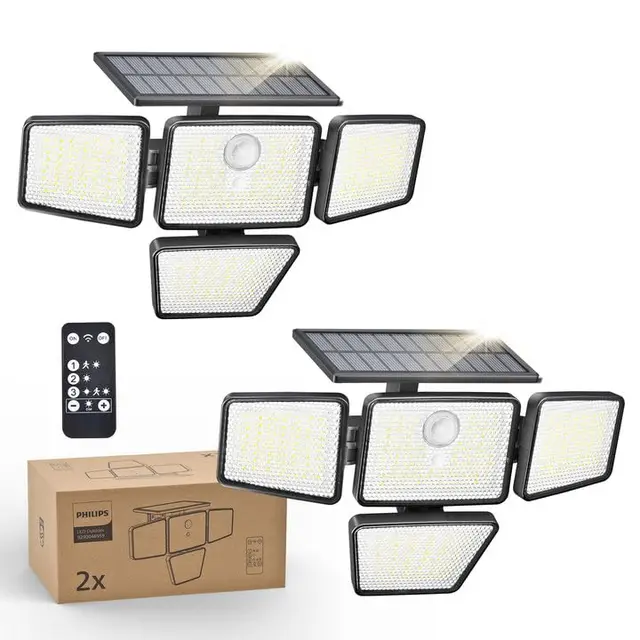 Philips lampe Solaire de Sécurité Extérieur, 196 LED avec Détecteur de Mouvement PIR, 3 Modes, 4 Têtes Orientables, Projecteur à Énergie Solaire avec Télécommande, IP65 Étanche – Lot de 2