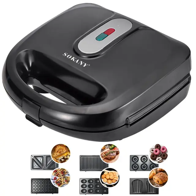 SOKANY Appareil multifonction 6-en-1 750W (sandwich maker, gaufrier, contact grill, donut maker et plus) plaques antiadhésives, cuisson double face, contrôle automatique de la température