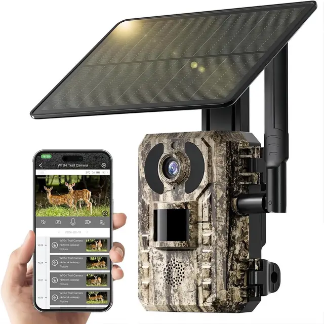 Caméra de Chasse 4G LTE Solaire avec Carte SIM, Caméra de Surveillance Extérieure sans WiFi, Batterie 10400mAh, Vision Nocturne IR Invisible 950nm, Audio Bidirectionnel, Déclenchement 0,2 s, IP66