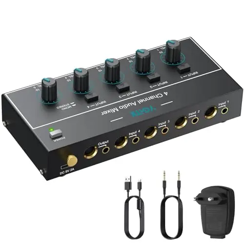 Mini Mélangeur Audio 4 Canaux Stéréo/Mono, 3,5 mm + 6,35 mm avec Contrôle du Volume Indépendant, Faible Bruit, USB Type-C pour Guitare, Clavier, Micro, Casque, PC