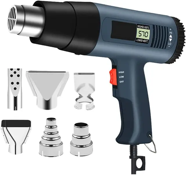 Pistolet à air chaud 2000 W avec affichage numérique LCD, réglage en continu de 50 ℃ à 600 ℃ et 2 vitesses de vent réglables, idéal pour le bricolage, le rétrécissement du PVC, le décapage de la