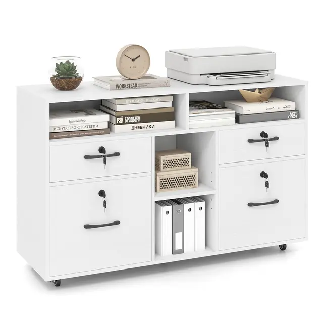 COSTWAY Caisson Bureau, Meuble Tiroir Bureau à Roulette, 4 Tiroirs Verrouillables avec 8 Clés, Barre de Suspension Réglables pour Dossiers Suspendus au A4 Lettre, pour Imprimante, Document (Blanc)