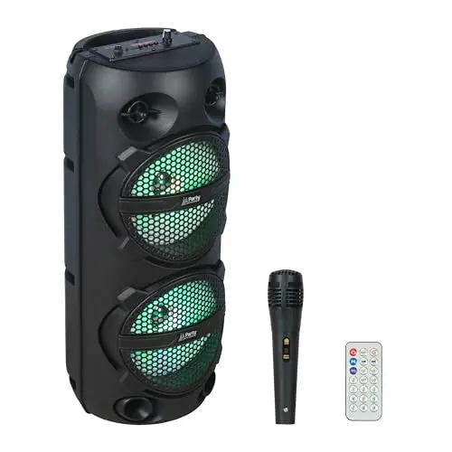 Party Light & Sound - Pluton - Enceinte, Baffle de 2 x 8”/20cm de 300W sur Batterie Rechargeable - Effet Lumineux - 1 Micro Filaire et 1 télécommande - Bluetooth, USB, Micro SD et TWS - Noir