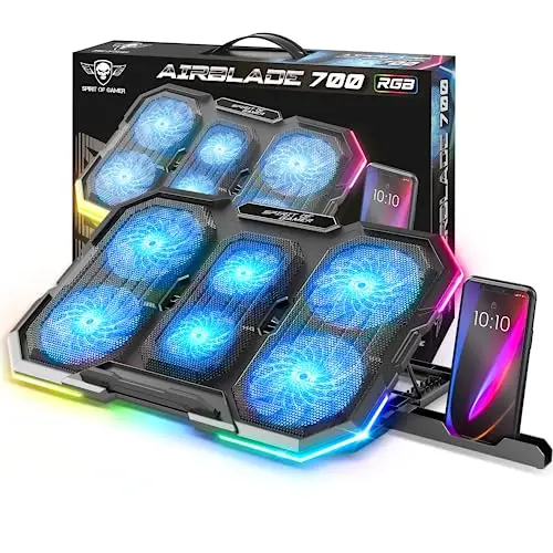 SPIRIT OF GAMER, Refroidisseur PC Portable 10" à 17", 6 Ventilateurs Silencieux, Compatible PS5, PS4, Xbox & PC, Support Ventilé pour Ordinateur Portable, Plaque de Refroidissement Rétroéclairée RGB
