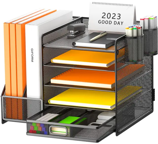 Organiseur de bureau avec porte-fichiers, plateau à papier à 5 niveaux avec tiroir et 2 porte-stylos, organiseur de bureau en maille avec pour fournitures