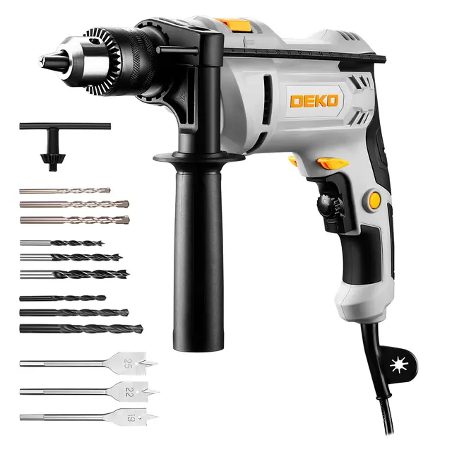 DEKOPRO Perceuse à Percussion Filaire 900W - Perceuse Béton 6 Vitesses, 3000 RPM, 45,000 BPM, Mandrin Métallique de 13mm, Poignée Rotative à 360° et 12 Mèches Incluses, pour Bois, Métal et Béton