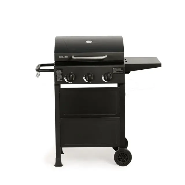 CREATE/BBQ GAS BURNER/Barbecue à gaz avec 3 brûleurs et table rabattable/Allumage par bouton, grande surface de cuisson, grille de maintien au chaud, 9kW