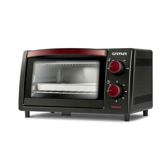 G3 Ferrari G10169 Il Moro 10 Four électrique, 10 litres, 800 W, minuterie 60 min, fond ouvrable pour un nettoyage facile, 100-230°C, grille inox, rouge/noir