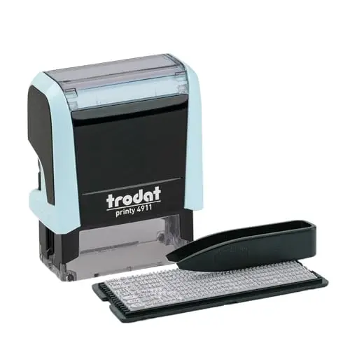 Trodat Printy 4911 Kit de tampons en bleu pastel à faire soi-même – 3 lignes de texte, empreinte 38 x 14 mm, allemand, avec pincette, encreur noir et ensemble de lettres et de chiffres dans une taille