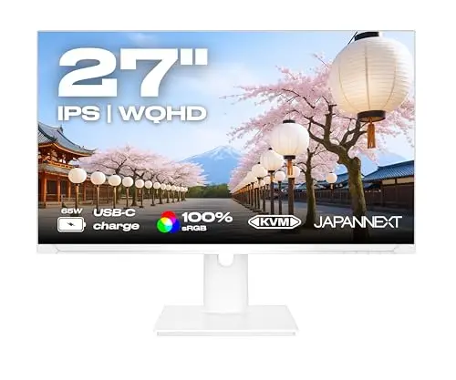 JAPANNEXT Ecran PC Blanc 27" IPS WQHD (2560x1440) | HDR | Recharge Via USB-C(65W) Hauteur et Inclinaison réglable (HSP) | 100% sRGB G-Sync/FreeSync | JN-i27QR-C65W-HSP-W