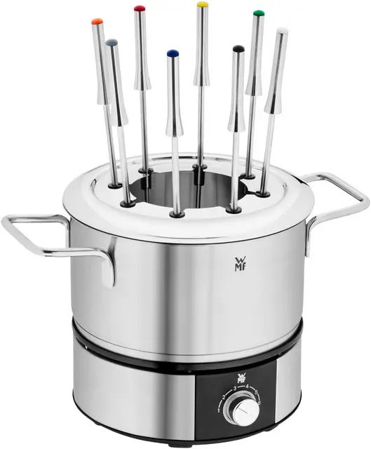 WMF Service à fondue électrique, 1400 W, 8 personnes, Récipient en inox, 8 fourchettes à fondue en Inox 18/10 Cromargan, Haute puissance, LONO 0415130011