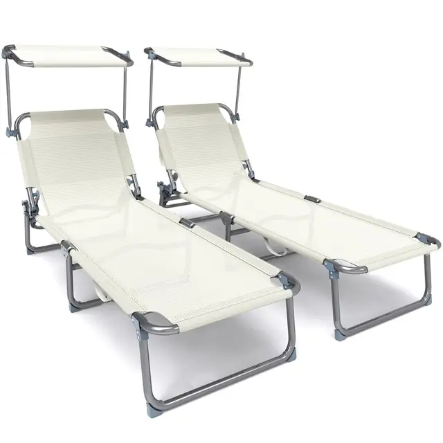 vounot® Lot de 2 Chaise Longue Bain de Soleil avec Pare Soleil Transat Pliable en Textilène avec Parasol Bain De Soleil inclinable en Textilène avec Charge Max 110KG Chaise Longue réglable Beige