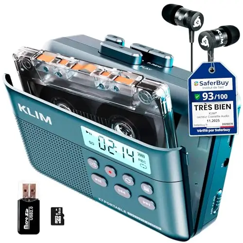 Cassette Player KLIM K7 - Lecteur Cassette Audio - Convertisseur Audio en MP3 - Microphone et Haut-Parleur intégrés - Batterie Rechargeable - Ecouteurs - Carte SD 16GB - Bleu