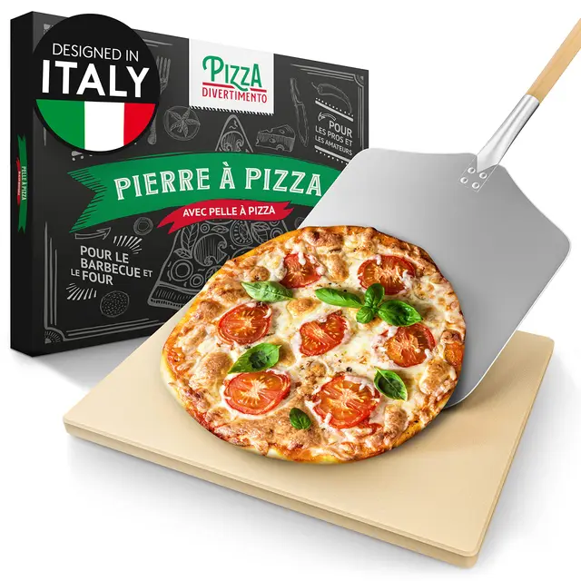 Pizza Divertimento Pierre à pizza pour four - Avec pelle à pizza en bois - Pierre pizza en cordiérite - Pour une base croustillante et une juteuse