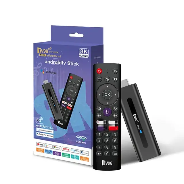 Android 14.0 TV Box, clé de streaming 8 K, 2 Go de RAM 16 Go de ROM, double WiFi 2,4 G/5,8 G, HDMI, 4 K HDR, télécommande vocale, lecteur de films 3D, convient pour les boîtes TV Android ou les clés