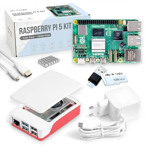 db-tronic Raspberry Pi 5 8 Go Starter Kit | Édition 128 Go | Alimentation 27 W | Boîtier avec Ventilateur | Micro HDMI 4K | Dissipateur alu | idéal pour Home Assistant et Le Smart Home