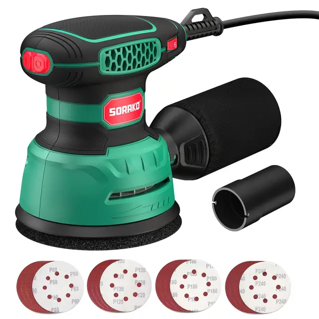 SORAKO Ponceuse excentrique 350W,125 mm,6 vitesses,16 feuilles abrasives,système d'aspiration,fonction frein rapide,Pour le bois et les projets de loisirs créatifs