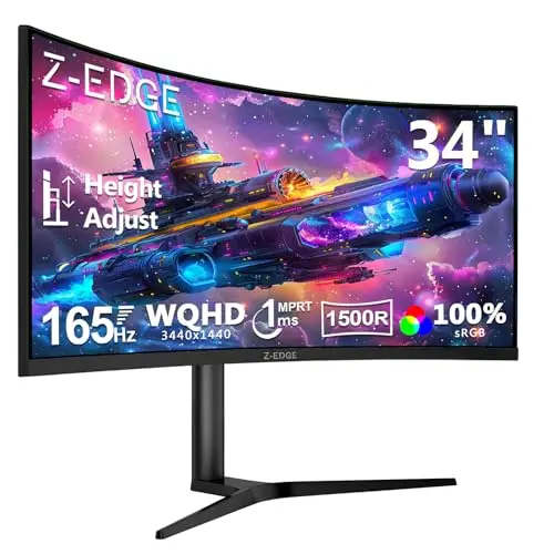 Z-Edge Écran PC Gamer Incurvé 34'' 3440x1440 165Hz, Hauteur RÉGLABLE 114 mm, 1ms, FreeSync, Moniteur Ultrawide 21:9, 1500R VA, 2×HDMI2.0, 2×DP1.4, RGB, VESA (DP Câble Inclus)