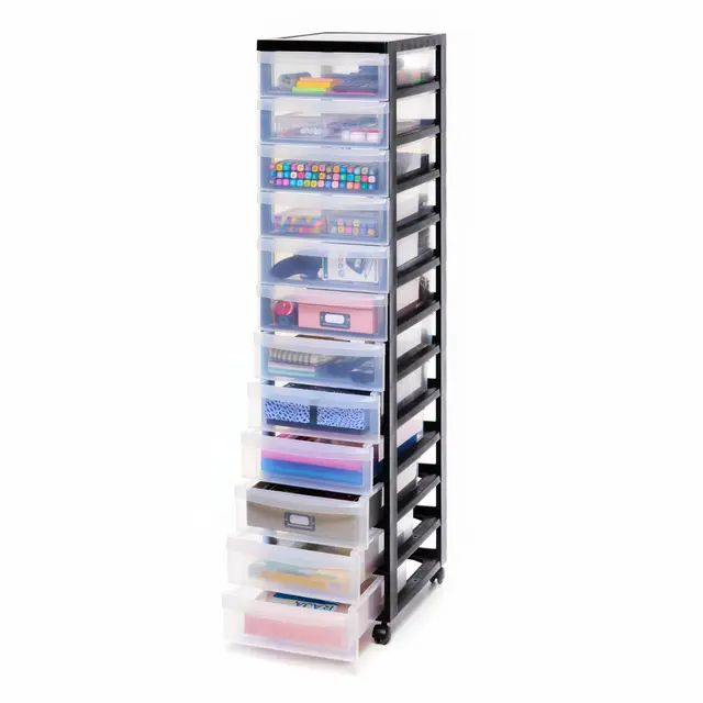 Iris Ohyama, Tour de rangement à Roulettes en Plastique, 12 Petits Tiroirs, Noir, Ouverture Facile, Meuble de Rangement, Papeterie, pour Chambre, Salle de Bain, École & Bureau, Sans BPA, DC-012