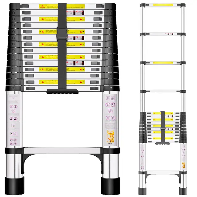 Échelle Télescopique 4,4m en Acier Inoxydable, Échelle Extensible avec Pieds Antidérapants, Échelle Portable à Hauteur Réglable pour Grenier, Toiture, Camping-Car, Décoration et Entretien