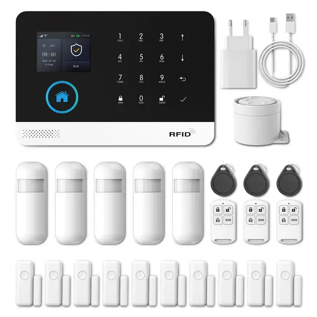 PGST Alarme Système WiFi/GSM, Compatible Google Home et Alexa, Kit Antivol avec Sirène,Détecteur de Mouvement, Capteurs pour Ports de Protéger Votre Maison et Votre Bureau (Smart Life-Tuya)
