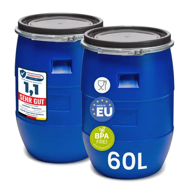 Garronda Lot de 2 fûts 60L en HDPE Alimentaire sans BPA – Barils à Large Ouverture pour Eau, Jardin, Aliments Animaux – Tonneaux de Stockage universels – Bleu GD-0122, Bleu