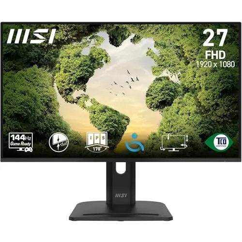 MSI Pro MP275PGN E14 : Écran bureautique 27 Pouces FHD 1920 x 1080, IPS, 144 Hz, 1 ms, HDR Ready, AMD FreeSync, Haut-parleurs intégrés, HDMI 2.0, DP 1.2a, VGA, réglable sur 4 Axes, Compatible VESA