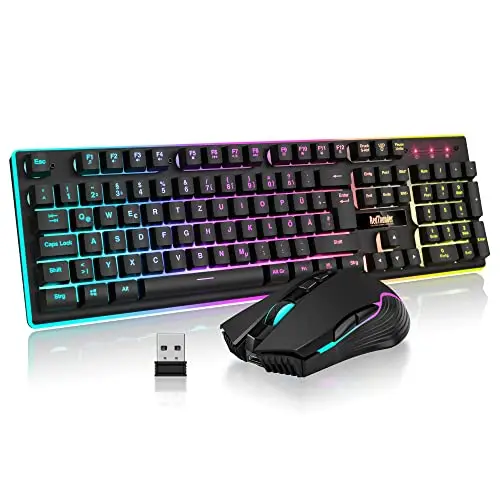 RedThunder K10 Ensemble clavier et souris de jeu sans fil QWERTZ DE, capacité de la batterie 3000 mA et 3200 DPI pour joueurs (noir)