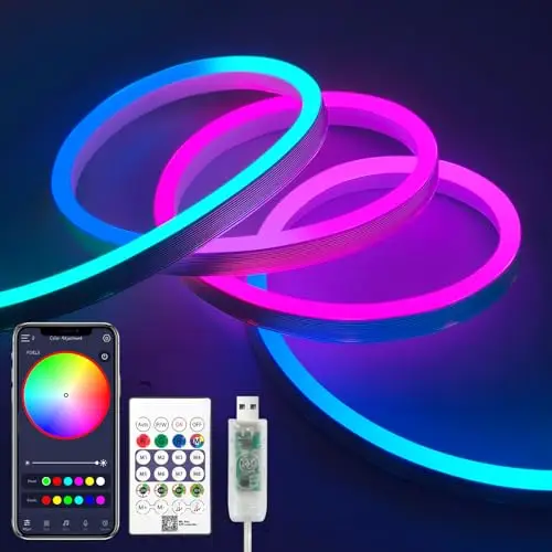 iNextStation Ruban LED Neon 2m, 5V Bandes LED RGB Smart IC, IP67 Étanche Flexible Étanche Découpable avec Contrôle APP Synchronisation Musicale pour Chambre Cuisine Salon Escalier Salle de Jeux