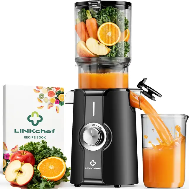 LINKChef Extracteur de Jus Vertical | Slow Juicer 200W | Goulot Large 115 mm pour Fruits & légume Entiers | Avec Livre de Recettes, Nettoyage Facile, Sans BPA, Noir