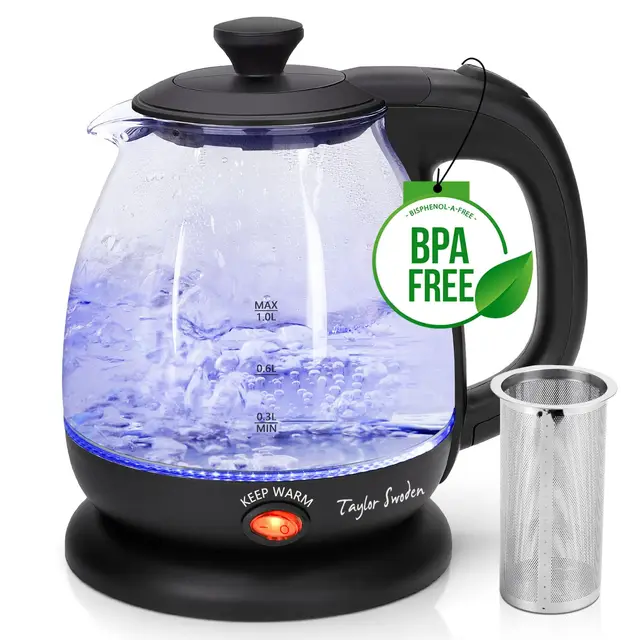 Taylor Swoden Abel - Bouilloire en verre 0% BPA de 1L et 2200W, Bouilloire électrique avec éclairage LED et fonction maintien au chaud. Infuseur et filtre amovibles.