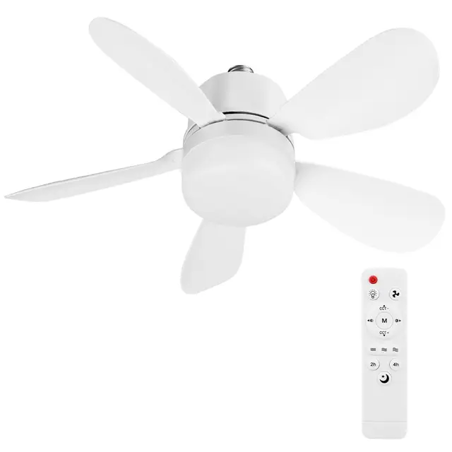 Ventilateur de Plafond avec Lumière et Telecommande, E27/E26 Lampe de Ventilateur LED Dimmable Plafonnier Timing, 5 Pales, Silencieux, 3 Vitesses, pour Salon, Bureau, Dortoir, Chambre (Blanc 42cm)