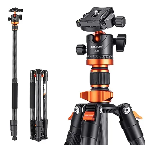 K&F Concept Trepied Carbone Monopode Appareil Photo 160cm, Trépied Professionel Compact SA254C4 pour DSLR, Trepied Voyage Leger 4 Sections avec Rotule Metal Sac Transport Inclus Max:10kg
