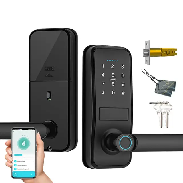 Smart Lock, Serrure de Porte d'Entrée Sans Clé Avec Poignée Noire Mate Sleek Mat, Clavier Électronique Deadbolt, Empreinte Digitale et Clavier Tactile, Verrouillage de Porte