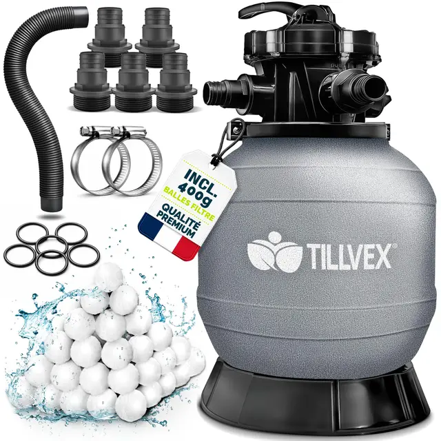 tillvex® Filtre à Sable pour Piscine sans Pompe + Billes filtrantes jusqu'à 21 m³ (21.000 litres) | Cuve Filtre Piscine INCL. Adaptateur Ø32-38mm | Vanne 7 Voies, manomètre & Tuyau d'aspiration