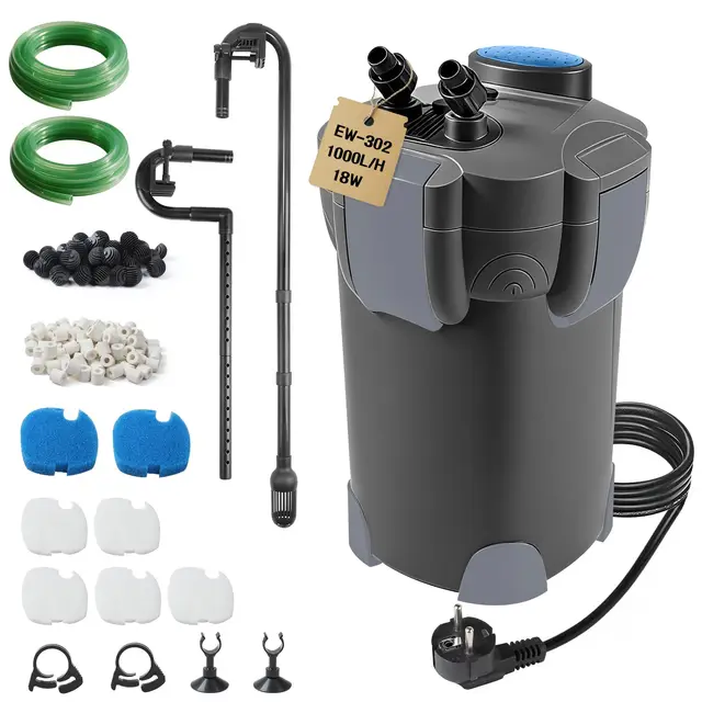 EXLECO Filtre Extérieur Aquarium 1000L/H 18W Pompe Externe D'aquarium Réglable avec Matériau Filtrant, Filtre Bassin Poisson Silencieux avec 3 Étapes de Filtration pour Réservoir Jusqu'à 300 L Noir