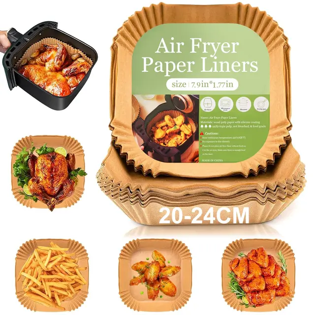 Papier Cuisson Air Fryer 100 Pièces, 20-24CM,Food-Grade BPA gratuit,Jetable Antiadhésive Sans Huile Papier Parchemin,Résistant Huile et Eau,pour poêles à air de 5 à 8 litres Friteuse à Air