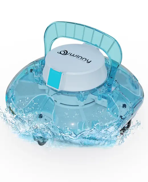 WINNY POOL CLEANER Winny 200 Robot Piscine, Aspirateur Piscine sans Fil avec Batterie, Autonomie 75 Min pour Piscines Hors-Sol 60 m², Double Filtration, Stationnement Automatique(Bleu Transparent)