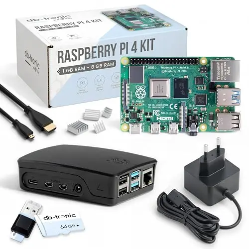 db-tronic Raspberry Pi 4 4 Go Starter Kit | Édition Noire 64 Go | Alimentation 15 W | Boîtier Noir | Micro HDMI 4K | Dissipateurs | idéal pour Home Assistant et Le Smart Home