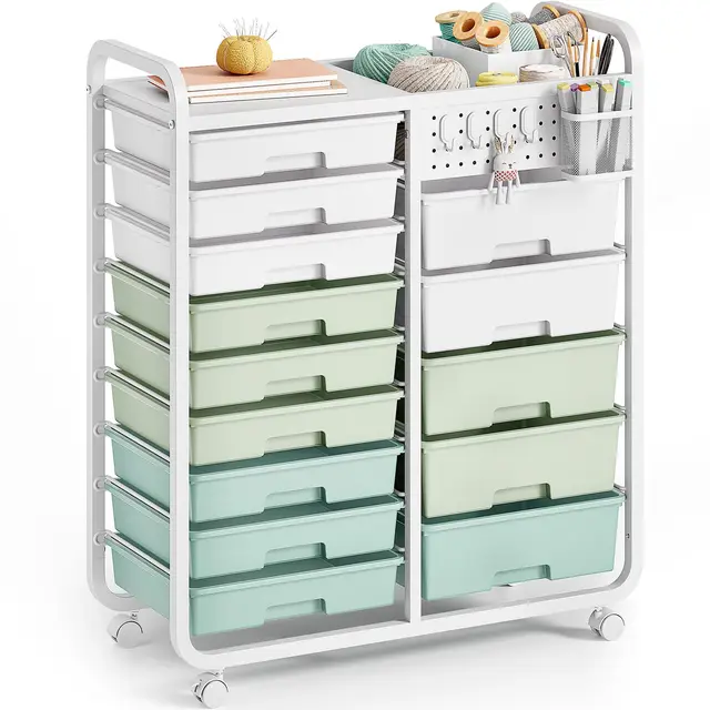Chariot de rangement à 14 tiroirs avec plateau perforé - Chariot de rangement à roulettes et poignées pour atelier, bureau, cuisine - Vert